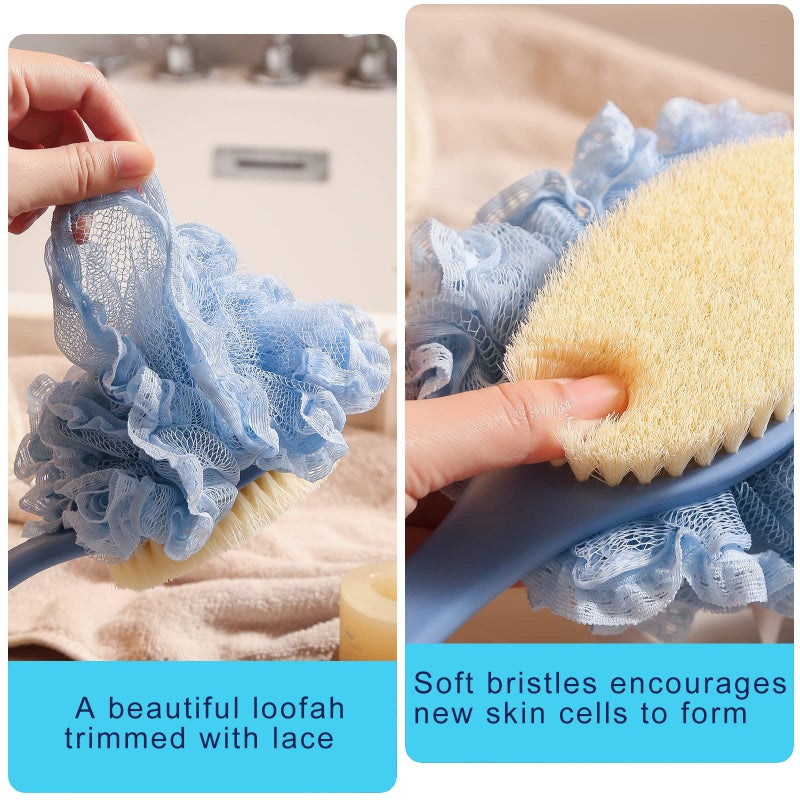 HONOMA [2nd Generation] Shower Body Brush with Bristles and Loofah Back Scrubber Bath Mesh Sponge with Curved 16 "" Long Non-Slip Handle Skin Exfoliating Massage Suitable for Men and Women (Blue) - Image 4